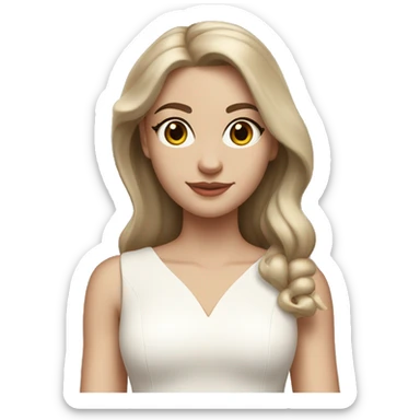 Thin pale white college graduate with light brown hair in a dainty white knee length dress with white pearls on shoulders  sticker