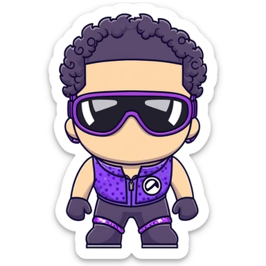 male athlete with white skin and moderately curly black hair on top with shaved sides, wearing ski goggles with purple frames and very dark black lenses, a simple plain black chain necklace, and a completely unzipped sleeveless vest with purple and black sequin fire pattern design with no logo or brand emblem, fully revealing his chest, shoulders and arms, no earrings sticker