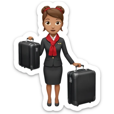 flight attendant, Light Brown skin, brown hair in single bun, neck scarf, suitcase sticker