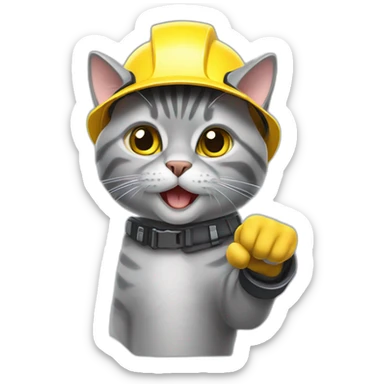 gray-cat pointing his finger out like a pistol with yellow construction helmet sticker