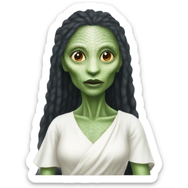 a reptilian alien woman in white dress sticker