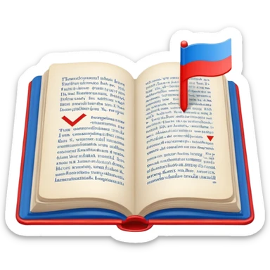 Open book showing Cyrillic text with a small bookmark with Russian flag colors  sticker