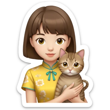girl with brown hair and bangs wearing yellow qipao with a gray tabby cat sticker