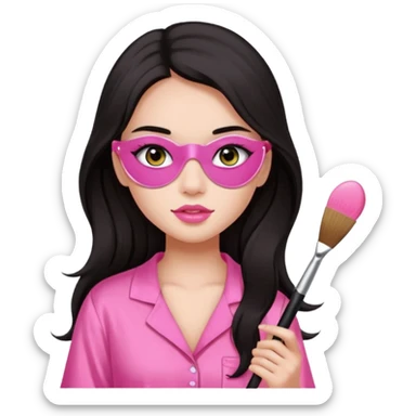 Dark long hair girl wearing pink victorias secret sleepwear is holding a makeup brush she also has eye patches white sticker