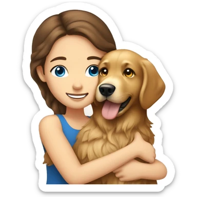Woman with brown hair and blue eyes hugs golden retriever with brown eyes sticker