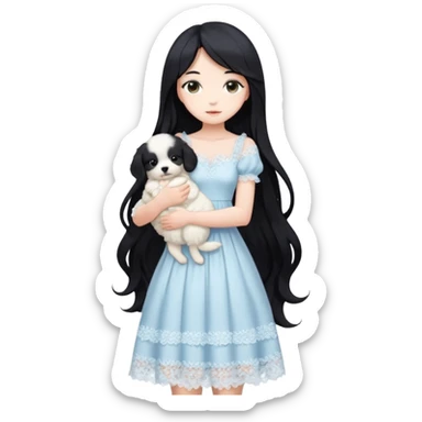 Pastel anime lady long hair with long lace dress full body holding puppy aesthetic background sticker