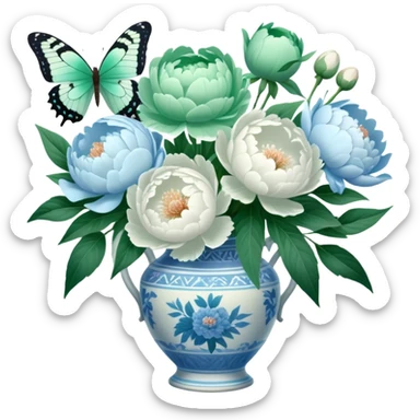 A soft green butterfly fluttering near a bouquet of pale blue and white peonies in an antique vase. sticker