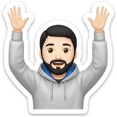 male coder with black hair, beard, and white skin, wearing a hoodie, excitedly raising arms in celebration after solving a coding problem, computer in front of him sticker