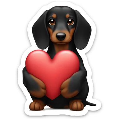 black and brown long haired daschund hugging a heart sticker