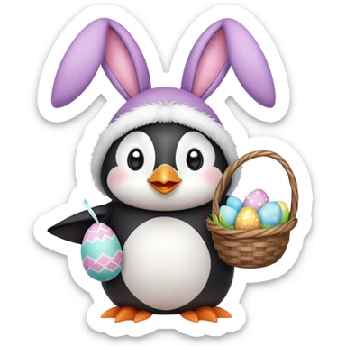Penguin dressed like an Easter bunny. Have him holding a bunny and an Easter basket sticker