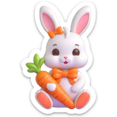 Change the pose of the bunny with a bow and carrot, making it sit with the carrot in its lap, in 3D iOS emoji style with soft gradients and a glossy finish, no background. sticker