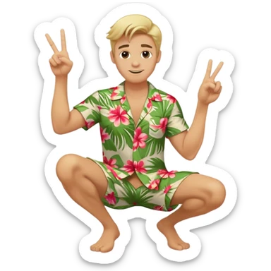 Full body emoji of a Blonde man with swooshing hair and no facial hair, crouching giving one peace sign while smirking in a Hawaiian shirt sticker