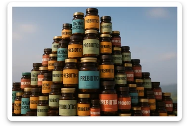 montagna di barattoli di integratori tipo "ENZIMI DIGESTIVI", "PREBIOTICI", "PROBIOTICI", "BERBERINA" con etichette in italiano sticker