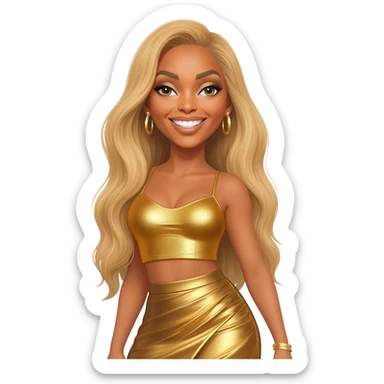 Beyonce with long blonde hair, gold metallic crop top, gold metallic skirt, gold earrings sticker