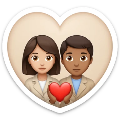 A couple with dark brown hair and mixed skin tone inside a white heart, both wearing beige clothes sticker