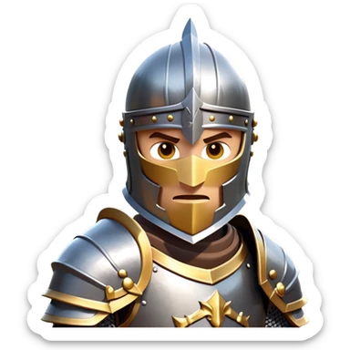 clash-of-clans-aesthetic_-cinematic-fearsome-and-majestic-knight-bust-portrait-emoji, rendered in a flat, vector-style with minimal shading and bold, simplified shapes, depicting a battle-ready medieval knight with steely eyes and intricate armor, mounted on a warhorse reflecting sunlight over a misty battlefield. sticker