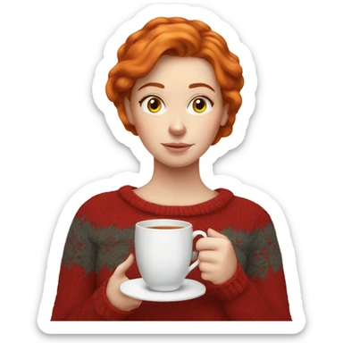 White girl red hair in a sweater sipping tea  sticker