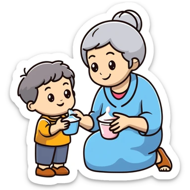 grandmother offering yogurt to grandson sticker