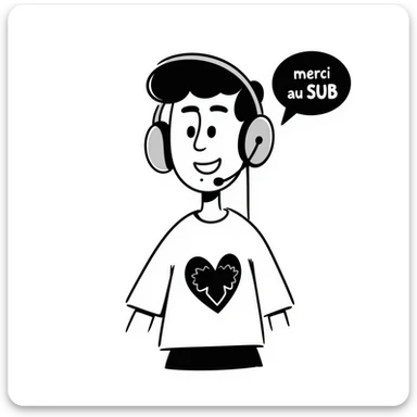 A smiling person with black hair, brown eyes, and a black beard wearing a gaming headset saying "merci au SUB" sticker