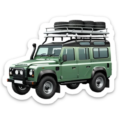 Land Rover Defender 110 2.4Tdci in Aintree Green with silver alloy wheels and black roof rack, emoji style, three-quarters view sticker
