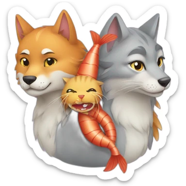 a wolf, a cat and a shrimp cuddling sticker