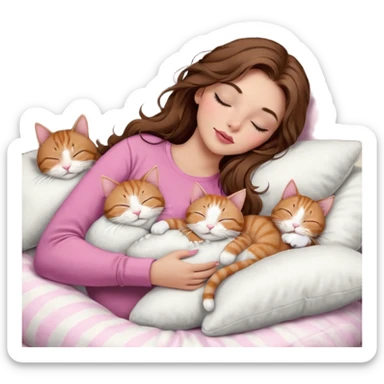 girl with long wavy brown hair, brown eyes, long lashes makeup, sexy pink lips, light to medium complexion,  sleeping on a cozy pillow, with 6 cats: 1 brown and white tabby cat, 1 ginger and white, 2 grey and white, 1 grey with white mittens and small white patch on chest and 1 calico, sleeping sticker