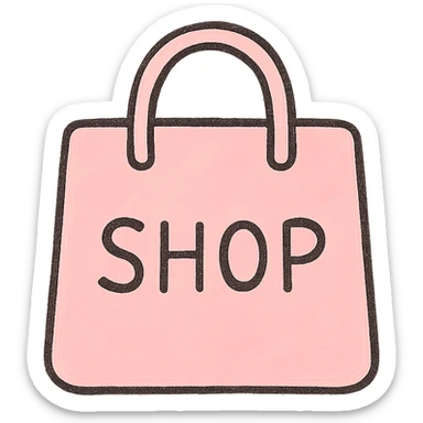 soft and cute shopping icon, pink theme, Japanese hand-drawn style, transparent background, for mobile home screen sticker