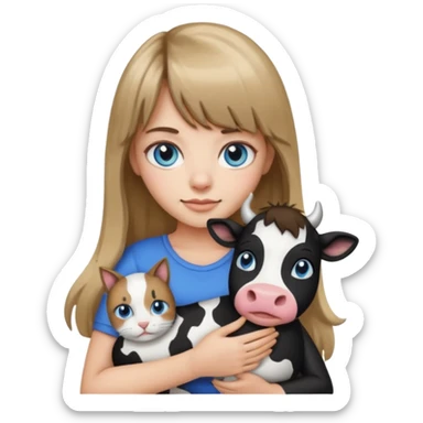 Apple-style emoji sticker of a young woman with long dark blond hair and bang, blue eyes , holding a cat black and white like a cow patch on her chest.  sticker