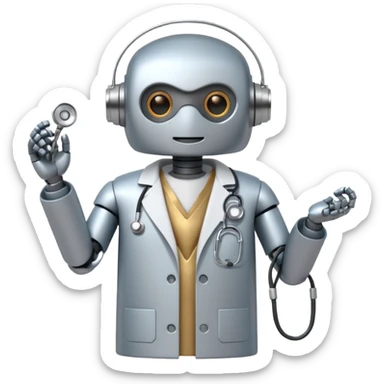 robot with a doctor's coat and a stethoscope sticker