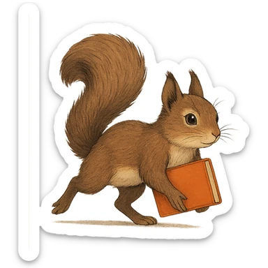 A cute brown squirrel with an orange book, studying at Siberian Federal University, running, full body, detailed fur, intelligent and beautiful sticker