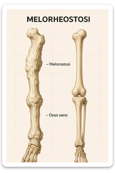 A highly realistic medical illustration focusing on a human arm and leg bones affected by melorheostosis. The bones appear visibly thickened, irregular, and larger than normal, with clear, layered bone growth resembling melted wax dripping down the side of the bones. The image shows a side-by-side comparison with a healthy bone for clarity, highlighting the difference in size and texture. The color palette includes neutral bone colors with subtle shading to show the abnormal contours and ridges. The background is clean and minimalistic, with faint anatomical grid lines for a scientific, educational feel. The overall mood is informative and precise, conveying the key visual characteristic of melorheostosis: progressive bone thickening that makes bones visibly larger and irregular. in italiano sticker