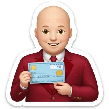 fat guy bold head in dark red velvet suit holding cheque sticker