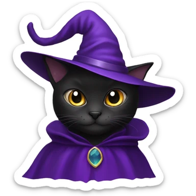 Black cat with a purple cape and purple witch hat sticker