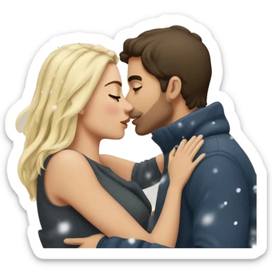 Man with dark brown hair and woman with straight blond haur kissing in the snow sticker