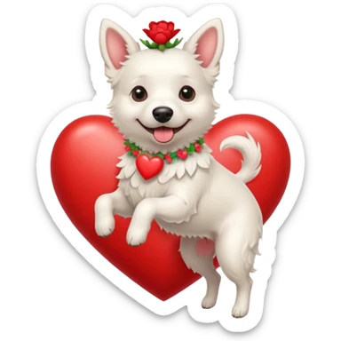 Short haired White Belgian Dog with a flowerband on head is jumping on a heart sticker