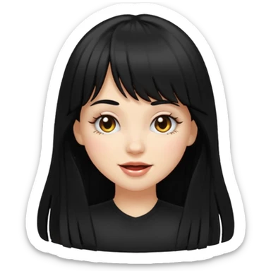 pretty white girl with long black hair and thick bangs, very dark brown eyes, winking face, emoji style sticker