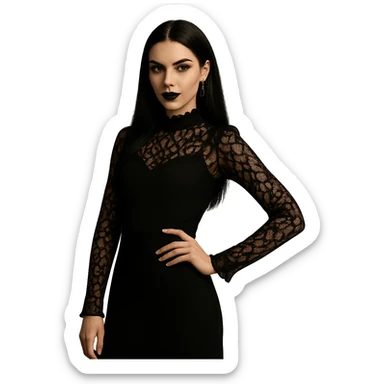 Change the image to a dynamic pose of a gothic girl standing with one hand on hip and a confident expression. Preserve the transparent background. The style should remain gothic and elegant. sticker