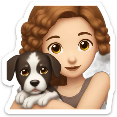 brown hair girl cuddling a brown black white dog sticker
