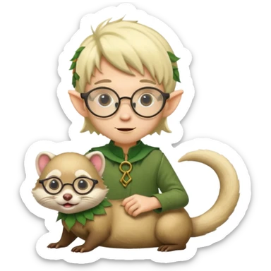 tiny forest elf blode hair with round glasses riding a ferret sticker