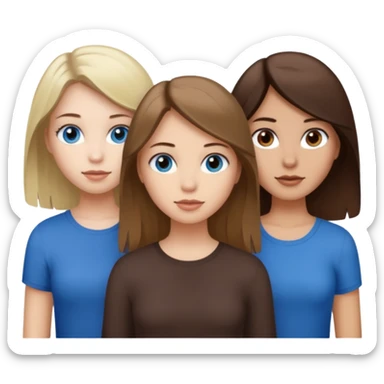a trio of people where one girl in the back has white skin, brown hair, and brown eyes; another girl in the back has white skin, dirty blonde hair, and blue eyes; and the girl in the front has tan skin, dark brown hair and dark brown eyes. sticker