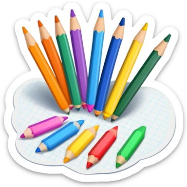 colorful drawing on paper with crayons and pencils nearby, fun and inviting sticker