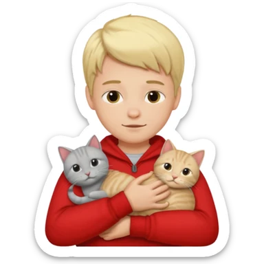 Make 1 gray cats cudling a kid that’s a boy wearing all red and he’s blond sticker