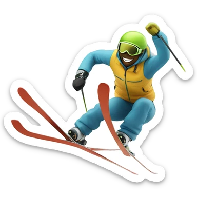 A skier  doing a big jump whit skis  sticker