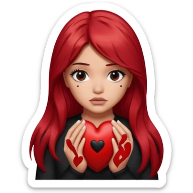 A Kylie Jenner with long red hair is sad and holds a black heart in her hands sticker