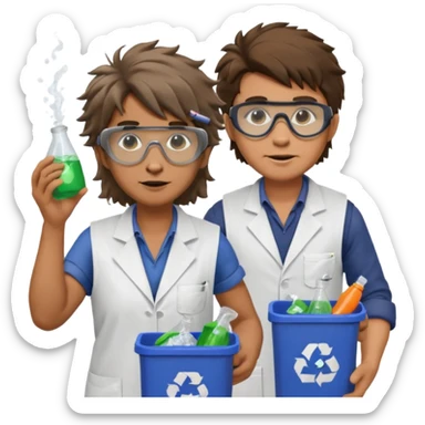 an woman otter disguised as a man picking up trash bins, next to a mad scientist sticker