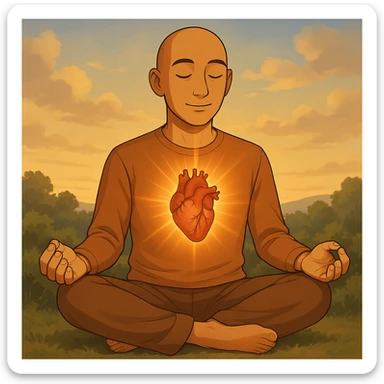 Person is meditating and his heart is glowing and shining, general style, with a real organ heart form, with a background sticker