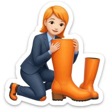Office worker kneeling and kissing a large orange boot sticker