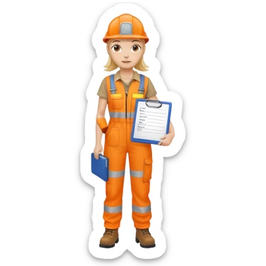 woman in orange hi vis overalls and boots holding a clipboard sticker