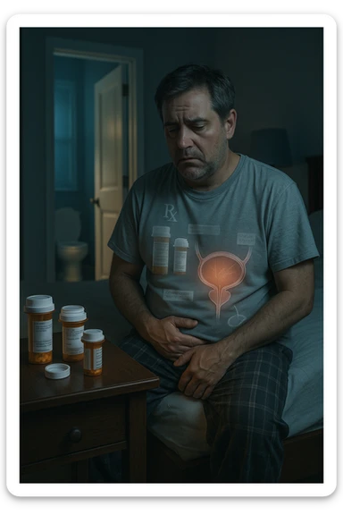A middle-aged man sits on the edge of his bed in a dimly lit bedroom, looking exhausted and frustrated. On the nightstand beside him are several prescription pill bottles, loosely organized, some open — suggesting long-term medication use. In the background, the bathroom door glows softly, partially open, with a faint reflection of the toilet visible, indicating frequent nighttime trips. The man wears a loose T-shirt and pajama pants, his posture slightly curved as he gently touches his lower abdomen, symbolizing bladder discomfort. His eyes have dark circles, his expression is drained. The color palette is muted blues and greys, with a cinematic soft focus and ambient light highlighting emotional fatigue. A subtle overlay of pill labels and bladder imagery could be added for educational use. sticker
