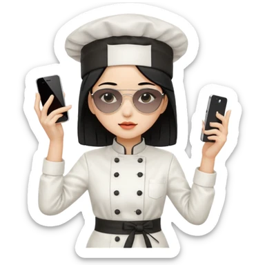 A sad woman with light skin, straight hair, wearing a chef hat and sunglasses, dressed in K-pop fashion, is dancing while holding a phone. sticker